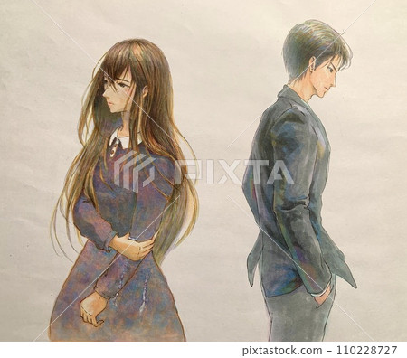 A man and a woman fighting and passing each other 110228727