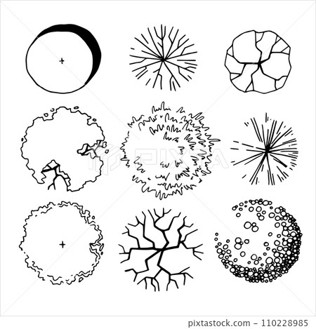 set of trees, hand drawing, top view. architectural ink drawing, vector. 110228985