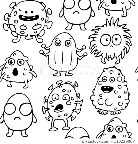 seamless pattern of cute virus and bacteria characters. vector drawing in doodle style, cartoon. seamless pattern of cute virus and bacteria characters. vector drawing in doodle style, cartoon. 110229067