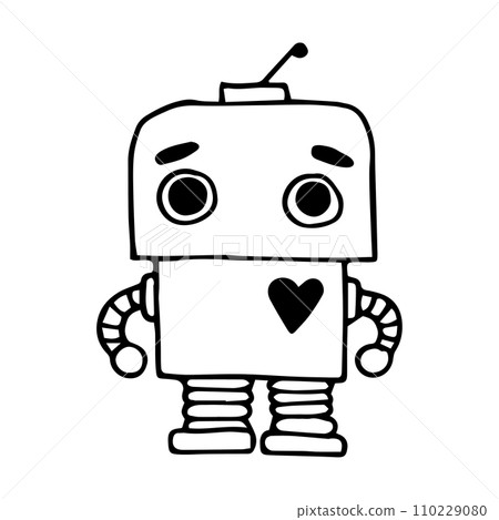 vector drawing in doodle style, cute robot. funny character for children, black and white line drawing. 110229080