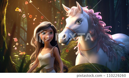 AI-generated content. Girl with a magic horse in 3D cartoon 110229260