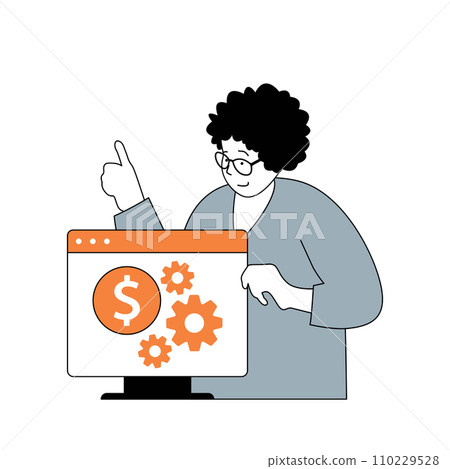 Business and finance concept with cartoon people in flat design for web. Woman making analytics, and improvement of work processes. Vector illustration for social media banner, marketing material. 110229528