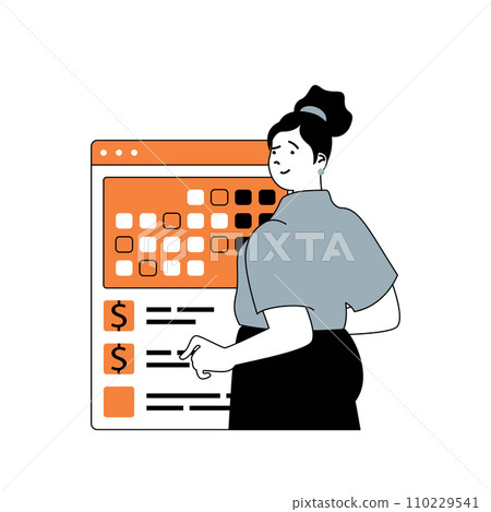 Business and finance concept with cartoon people in flat design for web. Woman creating earn strategy and settings financial goals. Vector illustration for social media banner, marketing material. 110229541