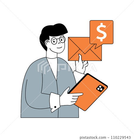 Business and finance concept with cartoon people in flat design for web. Man getting invoice or deal payment, makes budget bookkeeping. Vector illustration for social media banner, marketing material. Business and finance concept with cartoon people in flat design for web. Man getting invoice or deal payment, makes budget bookkeeping. Vector illustration for social media banner, marketing material. 110229543