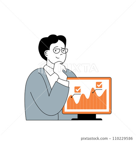 Business and finance concept with cartoon people in flat design for web. Man accounting and bookkeeping, analyzing profit growth graph. Vector illustration for social media banner, marketing material. 110229586