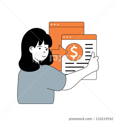 Business and finance concept with cartoon people in flat design for web. Woman getting invoice, making transaction and accounting. Vector illustration for social media banner, marketing material. Business and finance concept with cartoon people in flat design for web. Woman getting invoice, making transaction and accounting. Vector illustration for social media banner, marketing material. 110229592