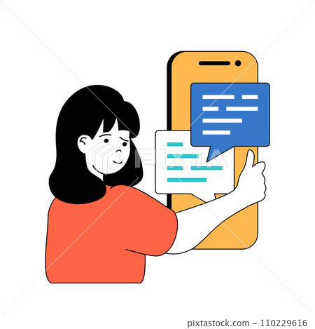 Social media concept with cartoon people in flat design for web. Woman sending messages and using online chat app for mobile app. Vector illustration for social media banner, marketing material. 110229616