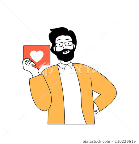 Social media concept with cartoon people in flat design for web. Man sharing posts and information online and getting likes in blog. Vector illustration for social media banner, marketing material. Social media concept with cartoon people in flat design for web. Man sharing posts and information online and getting likes in blog. Vector illustration for social media banner, marketing material. 110229619