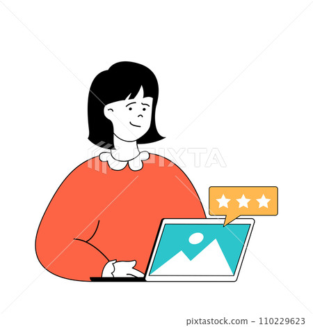 Social media concept with cartoon people in flat design for web. Woman sharing new photo with followers and getting high star feedback. Vector illustration for social media banner, marketing material. Social media concept with cartoon people in flat design for web. Woman sharing new photo with followers and getting high star feedback. Vector illustration for social media banner, marketing material. 110229623