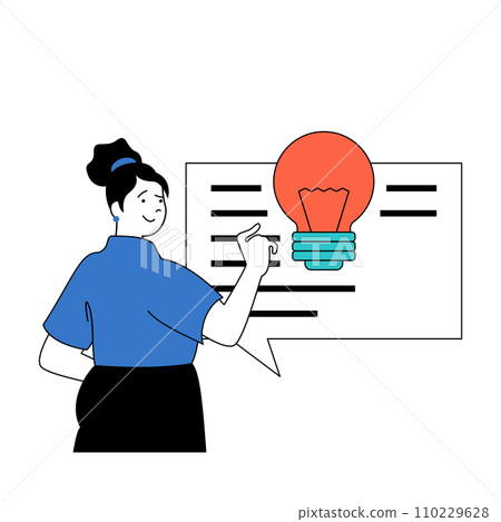 Social media concept with cartoon people in flat design for web. Woman brainstorming, creating and editing text in bubble message. Vector illustration for social media banner, marketing material. 110229628