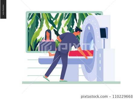 Medical tests illustration - MRT - magnetic resonance tomography - modern flat vector concept digital illustration of MRI procedure - a patient in the scanner and doctor, medical office or laboratory Medical tests illustration - MRT - magnetic resonance tomography - modern flat vector concept digital illustration of MRI procedure - a patient in the scanner and doctor, medical office or laboratory 110229668