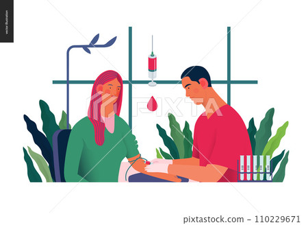 Medical tests illustration - blood test - modern flat vector concept digital illustration of blood test procedure - a patient and doctor with a syringe and test tubes, the medical office or laboratory 110229671