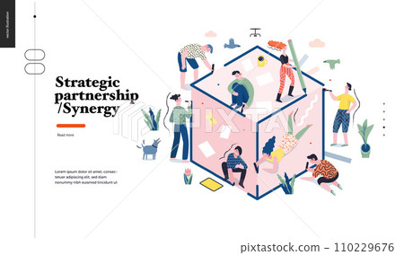 Technology 1 -Strategic Partership - Synergy flat vector concept digital illustration partnership and synergy metaphor. Business workflow and team management Creative landing web page design template 110229676