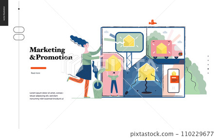 Technology 1 -Marketing and Promotion modern flat vector concept digital illustration marketing metaphor, company brand promotion. Business workflow management Creative landing web page design 110229677