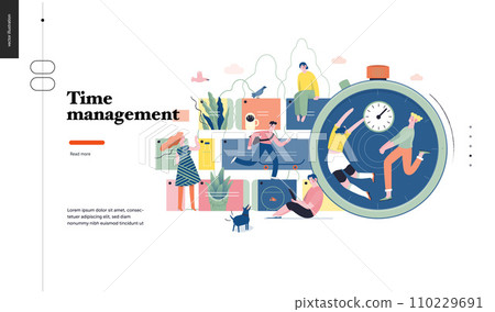 Technology 1 -Time management - modern flat vector concept digital illustration of time management metaphor, a stopwatch, timeline and people in workflow. Creative landing web page design template 110229691