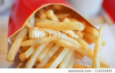 french fries in red carton pack french fries in red carton pack 110229895