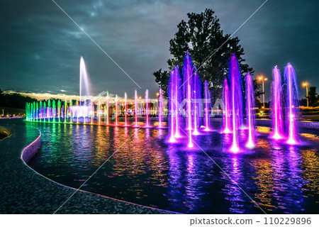 colorful musical fountain in Warsaw colorful musical fountain in Warsaw 110229896