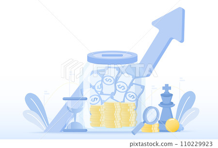 Concept of money planning. Financial management, fund, bank deposit, investment income, budget, stability, wealth and accumulation. Flat vector design illustration with copy space. 110229923