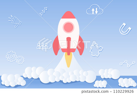 New business concept. Rocket launching and growing up. Start up ideas, creative thinking, advertisement, social media content. Successful, innovation and goal. Flat vector design illustration. New business concept. Rocket launching and growing up. Start up ideas, creative thinking, advertisement, social media content. Successful, innovation and goal. Flat vector design illustration. 110229926