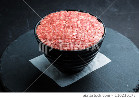 Minced meat inside dark bowl Minced meat inside dark bowl 110230175
