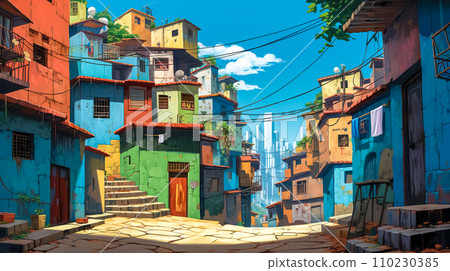 AI-generated content. favela with a multitude of stacked houses painted in bright colors, narrow streets, and staircases, blending traditional architecture with a modern city skyline in the background AI-generated content. favela with a multitude of stacked houses painted in bright colors, narrow streets, and staircases, blending traditional architecture with a modern city skyline in the background 110230385