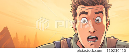 AI-generated content. man with a surprised expression, likely a character from a comic or animated series, set against an orange, sunlit backdrop with silhouettes of spires in the distance AI-generated content. man with a surprised expression, likely a character from a comic or animated series, set against an orange, sunlit backdrop with silhouettes of spires in the distance 110230430