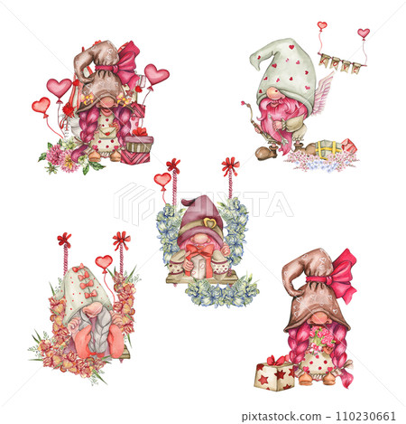 Composition with Valentines Nordic gnomes, gift boxes and flowers. Cute valentine's day postcard. Watercolor elements for birthday,cake, holiday celebration design, greetings card, invitation. 110230661