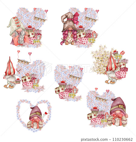 Composition with Valentines Nordic gnomes, gift boxes and flowers. Cute valentine's day postcard. Watercolor elements for birthday,cake, holiday celebration design, greetings card, invitation. Composition with Valentines Nordic gnomes, gift boxes and flowers. Cute valentine's day postcard. Watercolor elements for birthday,cake, holiday celebration design, greetings card, invitation. 110230662