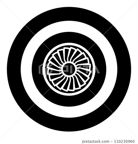 Turbine airplane turbomachine jet engine aircraft motor fan plane icon in circle round black color vector illustration image solid outline style Turbine airplane turbomachine jet engine aircraft motor fan plane icon in circle round black color vector illustration image solid outline style 110230960