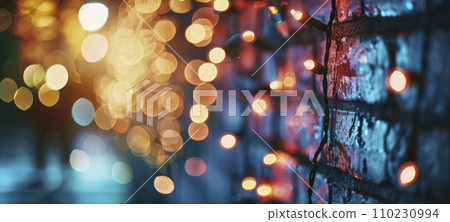 AI-generated content. Disco style background with brick wall with neon blue, purple and yellow lights 110230994