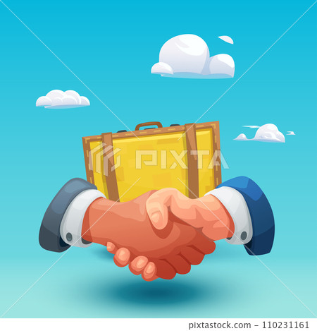 handshake with leather case flying on blue 110231161