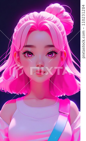 手绘赛博朋克风格漂亮可爱的卡通动漫女孩插画 110231284