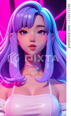 手绘赛博朋克风格漂亮可爱的卡通动漫女孩插画 110231286