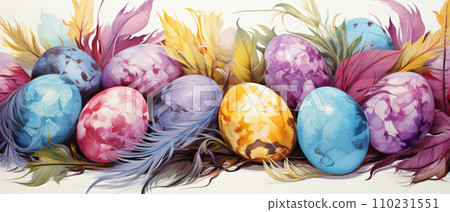AI-generated content. Easter banner with colorful Easter eggs and feathers in pastel colors. Watercolor style AI-generated content. Easter banner with colorful Easter eggs and feathers in pastel colors. Watercolor style 110231551