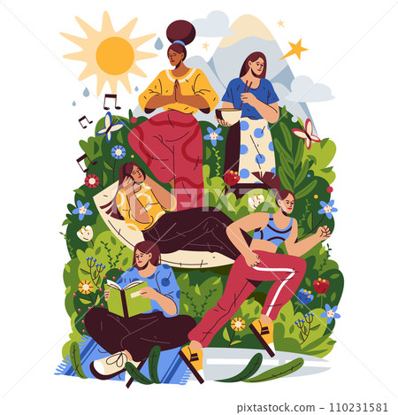 Woman harmony or hobby vector sign. Women relaxation activity like cooking and book reading, jogging or running, yoga asana exercise and music listening. Girl resting consent. Leisure and recreation 110231581