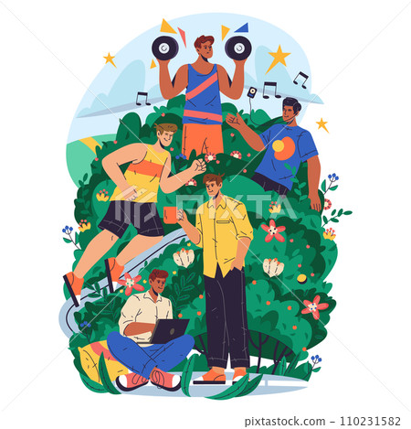 Vector image of men activity or relaxation. Man harmony or consonance illustration with character listen music, running or jogging, drink coffee, arm training, using notebook. Human consent, pleasure Vector image of men activity or relaxation. Man harmony or consonance illustration with character listen music, running or jogging, drink coffee, arm training, using notebook. Human consent, pleasure 110231582