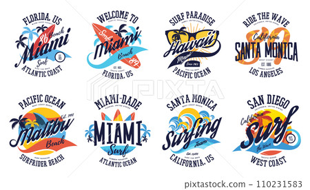 Set of isolated labels for ocean beach surf. Badge or logo for Miami,Santa Monica, Hawaii summer advertising. Surfer print for t-shirt. Emblem with surf board for vacation travel. American branding 110231583