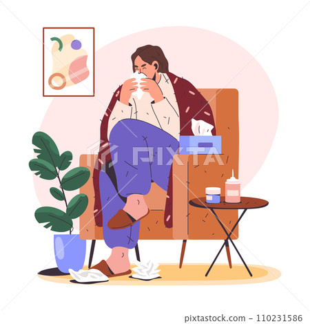 Vector illustration of sick or ill woman at home. Cartoon flat character with cold or flu, fever disease or sneeze having home treatment. Female sickness or viral illness, allergy. Health care 110231586