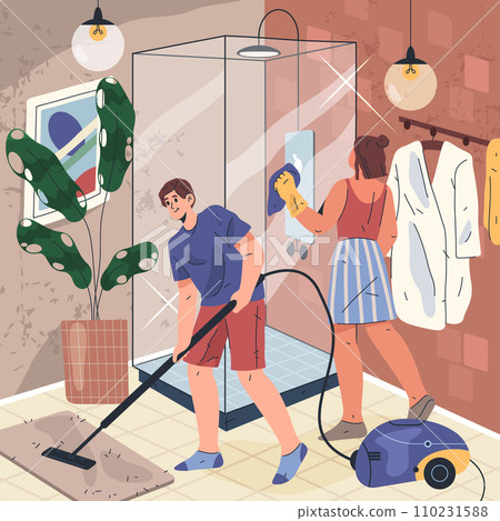 Vector illustration for bathroom cleaning. Man and woman do housework or domestic clean, home cleanup. People sanitize and disinfect bath with brush and hoover. Hygiene washing and sanitary routine Vector illustration for bathroom cleaning. Man and woman do housework or domestic clean, home cleanup. People sanitize and disinfect bath with brush and hoover. Hygiene washing and sanitary routine 110231588