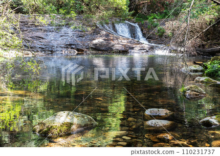 Pincho Waterfall near Viana do Castelo, Northern Portugal. View of the flowing water and beautiful lagoon, in the woods 110231737