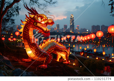 golden dragon statue in the night 110231774