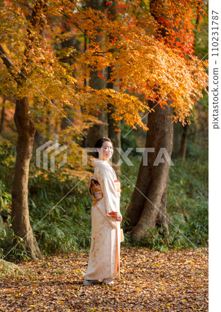 穿著和服的女人秋葉黃葉秋天的概念 穿著和服的女人秋葉黃葉秋天的概念 110231787