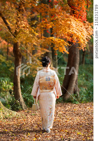 穿著和服的女人秋葉黃葉秋天的概念 穿著和服的女人秋葉黃葉秋天的概念 110231789