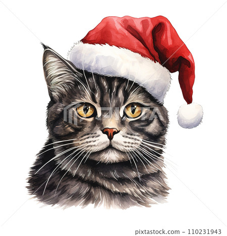Domestic Shorthair Cat Wearing a Santa Hat. AI generated image Domestic Shorthair Cat Wearing a Santa Hat. AI generated image 110231943