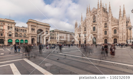 Panorama showing Milan Cathedral and Vittorio Emanuele gallery timelapse. 110232039