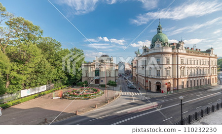 Panorama showing Theater Square with Main Post Office building aerial timelapse and Polish Theater 110232230