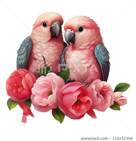 Two birds parakeet with roses. AI generated image 110232300