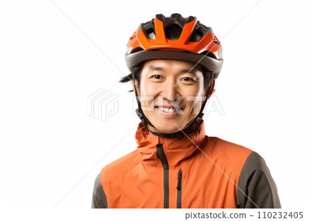 Young asian man wearing bike helmet isolated on white background. 110232405