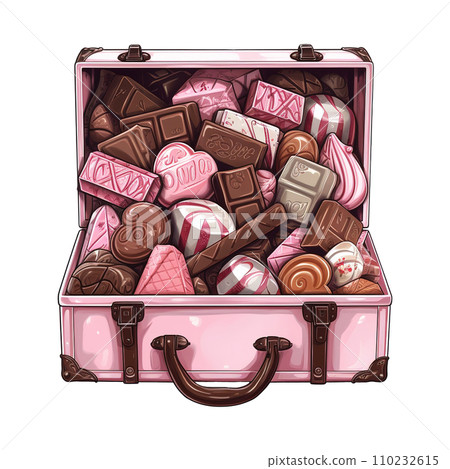 Pink suitcase filled with chocolates and candies. AI generated image 110232615