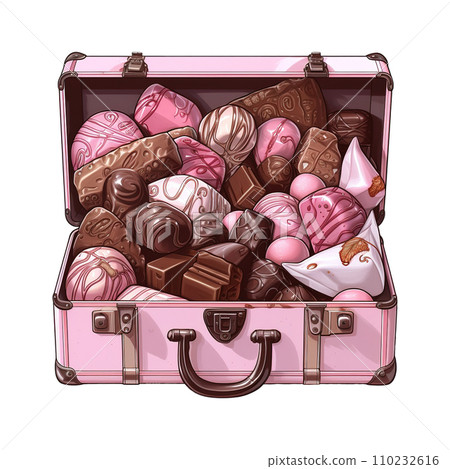 Pink suitcase filled with chocolates and candies. AI generated image 110232616